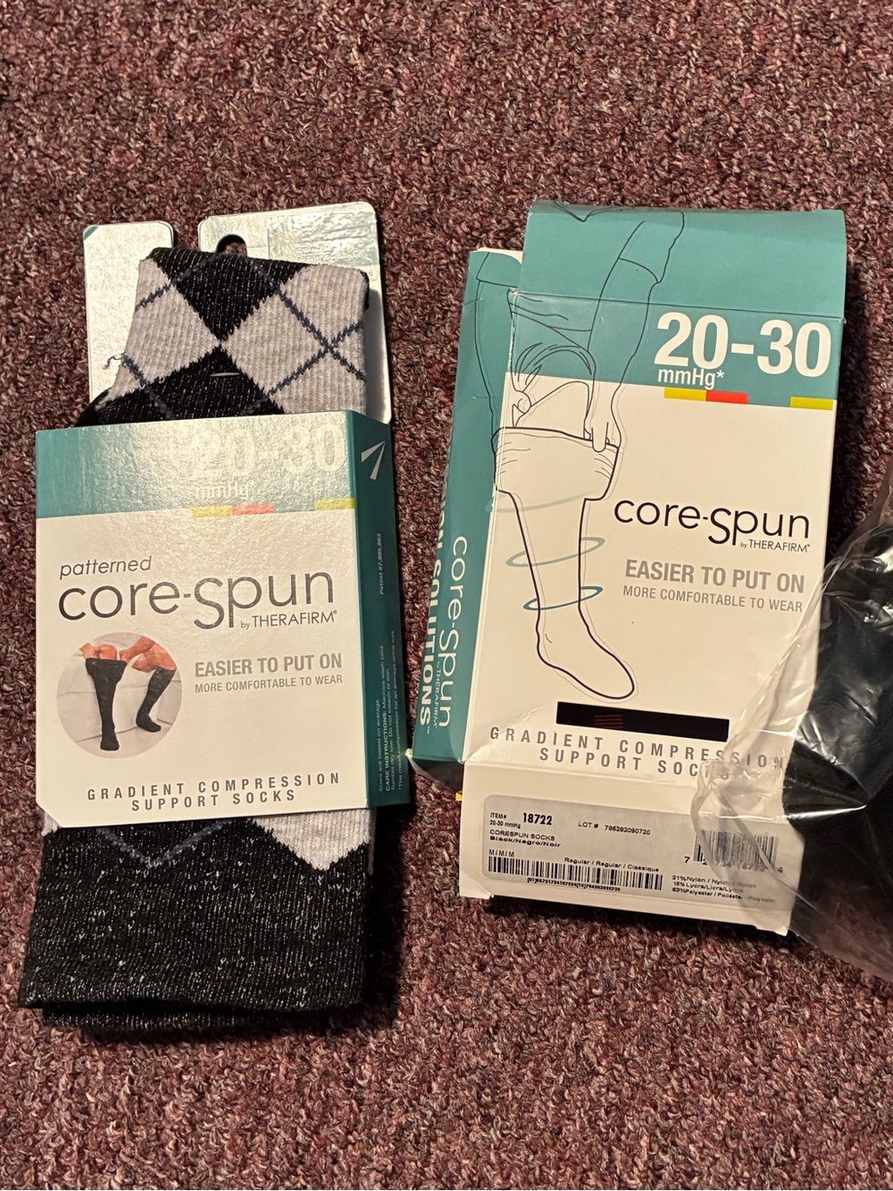(2) Corespun  Compression Socks, Women, Size M, black & diamond pattern, new